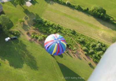 Image of risk. Photo looking down from a hot air balloon on green fields and another balloon below.